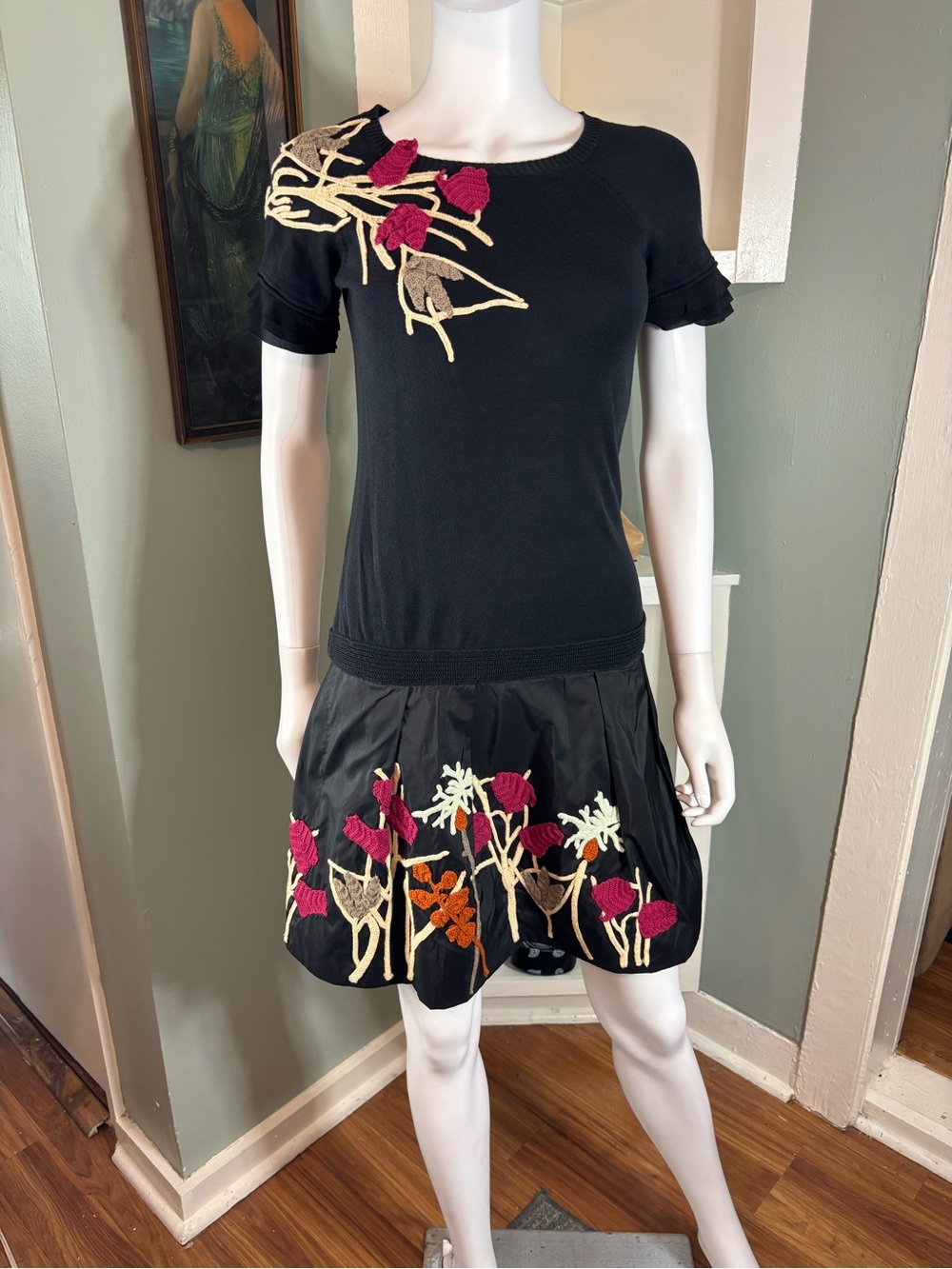 Kenzo Silk Taffeta Sweater Black Mini Dress Floral Embroidered Appliqué Sz 38